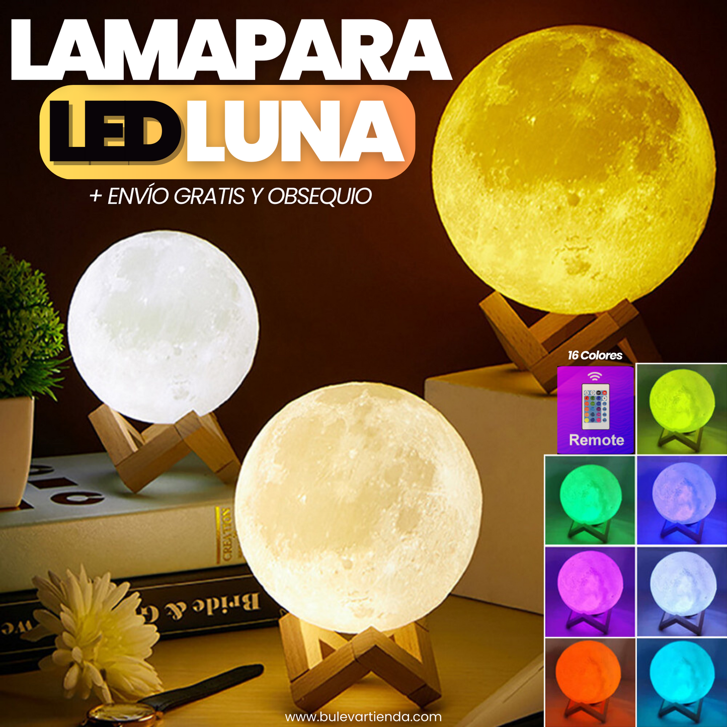 LÁMPARA LUNA LUZ CÁLIDA 🌒 + OBSEQUIO: CONTROL Y BASE