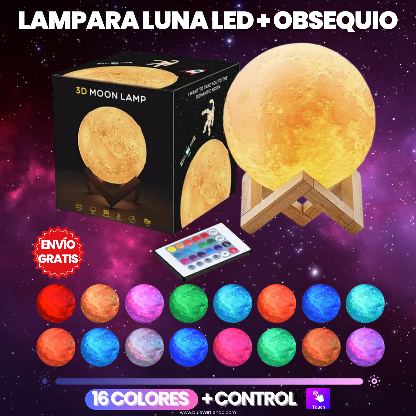 LÁMPARA LUNA LUZ CÁLIDA 🌒 + OBSEQUIO: CONTROL Y BASE