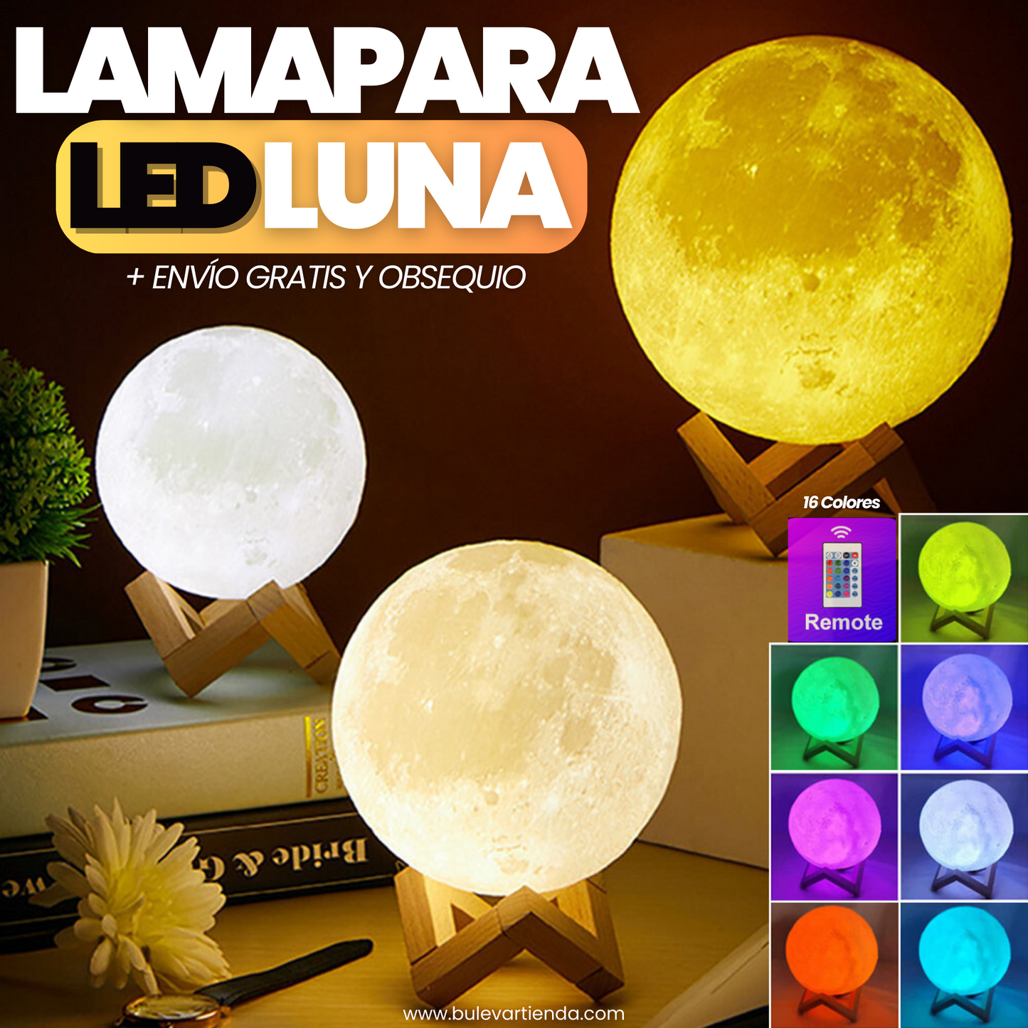 LÁMPARA LUNA LUZ CÁLIDA 🌒  + OBSEQUIO: CONTROL Y BASE