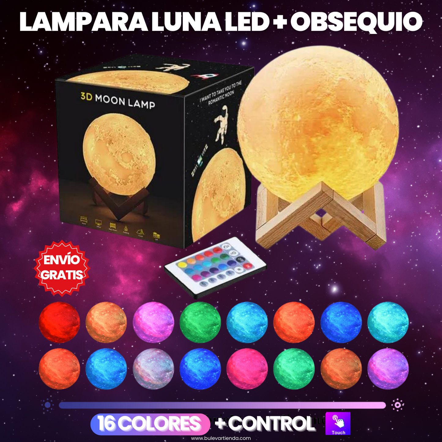 LÁMPARA LUNA LUZ CÁLIDA 🌒  + OBSEQUIO: CONTROL Y BASE